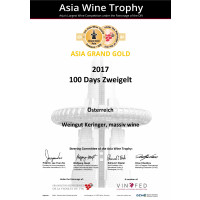 Urkunde Grand Gold Asia Wine Trophy 2019 100 day´s Zweigelt 2017